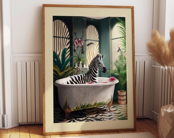 Whimsical Zebra Bathtub Art - Charming Watercolor Prints of Playful Zebra Enjoying Bath Time - Unique Bathroom Decor and Gift Idea