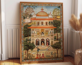 May include: A framed rectangular painting featuring a multi-story palace with a central golden dome, arched windows, and balconies. The scene includes figures in traditional attire, trees, and a floral border, all rendered in warm, earthy tones.