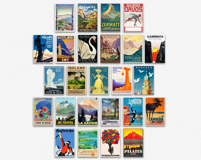 Vintage Travel Collage Kit Popular Vintage Dorm Room Posters Aesthetic Vintage Travel Posters Retro Wall Collage Kit Set of 25 5x7 Prints