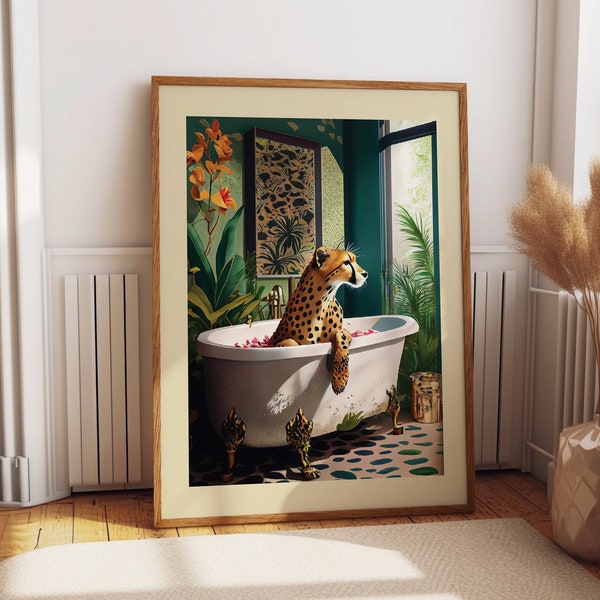 Whimsical Leopard Bathtub Art - Charming Watercolor Prints of Playful Leopard Enjoying Bath Time - Unique Bathroom Decor and Gift Idea