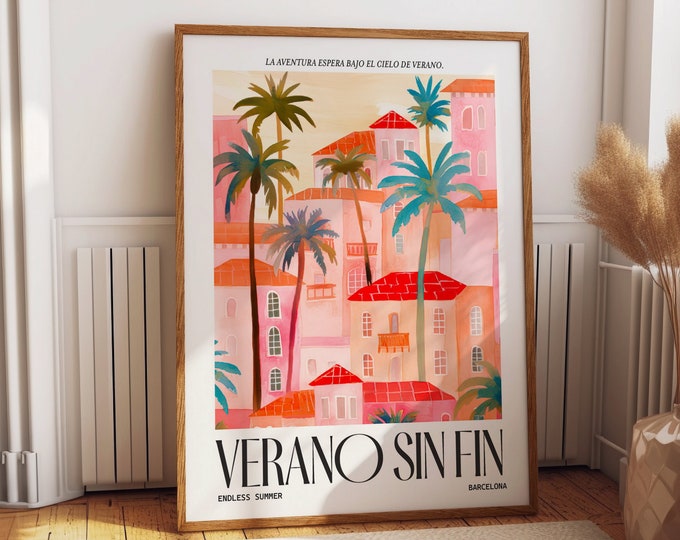 Tropical Palms and Pink Houses Wall Art -Endless Summer Barcelona Poster - 'Verano Sin Fin' Spanish Cityscape