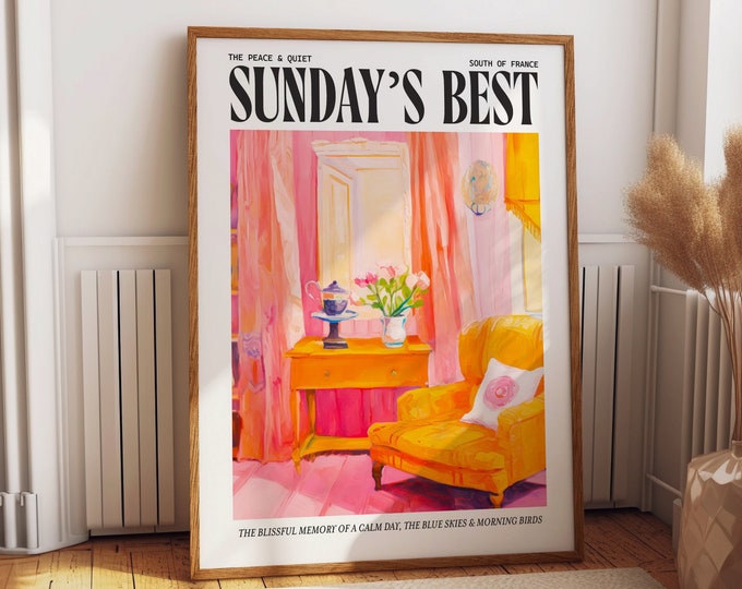 Vibrant Living Room Art Poster - Tranquil Interior with Pink Hues and Sunlight Wall Decor - Sunday's Best in the South of France Wall Art