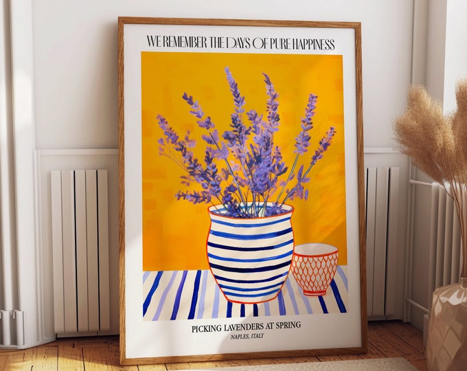 Lavender Wall Art Poster - 'Pure Happiness' Naples Springtime Artwork - Bold Striped Vase with Vibrant Florals for Joyful Home Decor