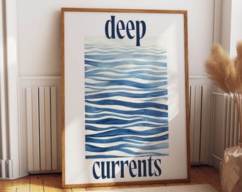 Deep Currents Poster – Abstract Ocean Waves Art Print – Modern Blue Watercolor Wall Decor