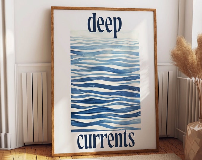 Deep Currents Poster – Abstract Ocean Waves Art Print – Modern Blue Watercolor Wall Decor