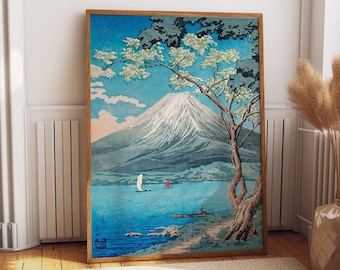 Asian Painting Mount Fuji Japanese Woodblock Blue Mountain Print Serene Beauty of Mount Fuji in Silver and Blue Colors to enhance your Home