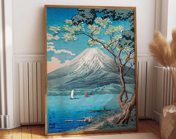 Asian Painting Mount Fuji Japanese Woodblock Blue Mountain Print Serene Beauty of Mount Fuji in Silver and Blue Colors to enhance your Home