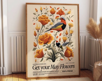 May Flowers Exhibition Poster - Netherlands Floral and Bird Wall Art for a Timeless Home Decor