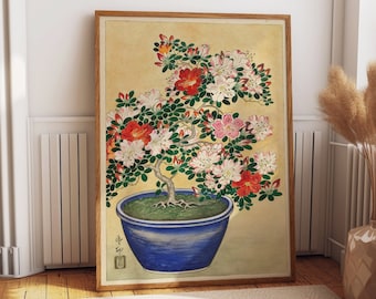 Japanese Woodblock Art Print of Blooming Azalea in Blue Pot by Ohara Koson - Elegant Wall Decor for Home and Office
