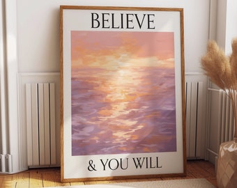 Sunset Pastel Wall Art - Inspirational Quote In Aesthetic Sunset Watercolor Painting Art Poster - Pastel Art for Danish Inspired Decor