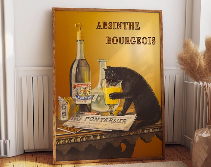 Vintage Absinthe Bourgeois Black Cat Poster for Bar and Pub Wall Decor Vintage Bourgeois Black Cat Print for Wine Bar Wall Decor Cat Decor