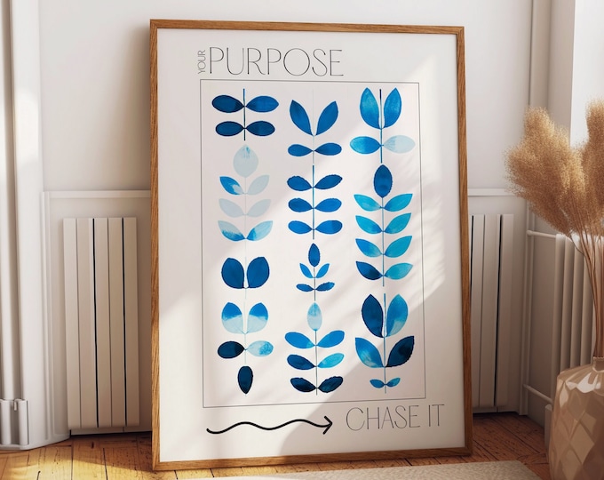 Your Purpose Botanical Art - Blue Leaf Inspirational Poster - 'Chase It' Modern Minimalist Wall Decor for Office and Home