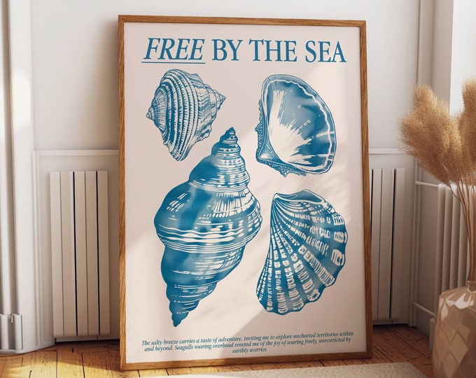 Free by the Sea Shell Art Print – Vintage-Inspired Coastal Seashell Poster – Nautical Beach House Decor