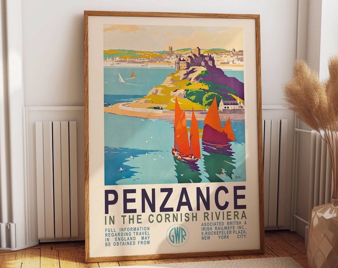 Penzance Riviera: Vintage British Travel Poster - A Captivating Boating Scene in Retro Style Retro British Travel Poster from Cornwall
