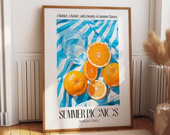 Citrus and Blue Patterns Art Poster - Summer Picnics in Naples - Italian Art Wall Decor