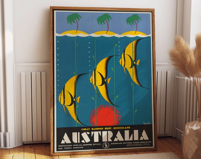 Tropical Travel Poster Mid Century Style Australian Ocean Great Barrier Reef Poster