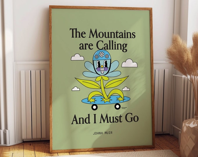 Motivational Vintage Quote Wall Poster, Green Retro Wall Art with 'The Mountains are Calling' Quote - Cute Bedroom Decor