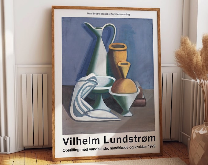 Still Life Painting by Vilhelm Lundstrøm Captivate Still Life with Jug, Towel and Jars 1929 Blue Print in Timeless Elegance for your Wall