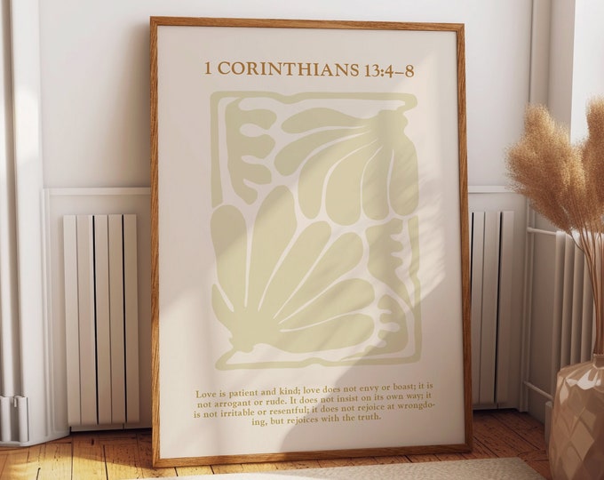1 Corinthians 13:4-8 Retro Scripture Poster - Love is Patient - Spiritual Bedroom Decor - Motivational Quote Art - Mountain & Floral Design
