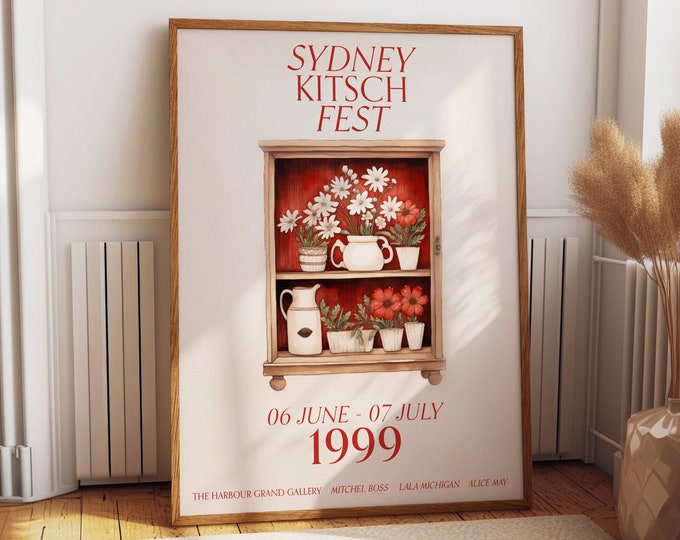 Floral Cabinet Exhibition Poster - Rustic Cottagecore Art for Home Decor - 1999 Sydney Kitsch Festival Wall Poster