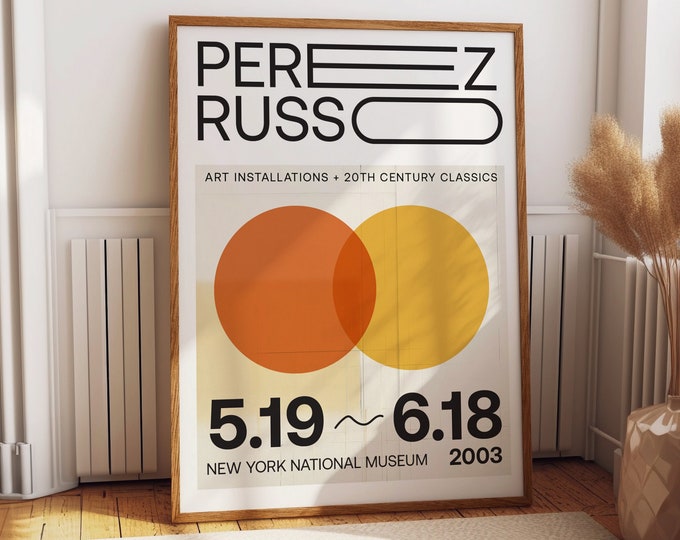 Yellow and Orange Circles Abstract Art for Modern Home Decor - 2003 Perez Russo New York Exhibition Poster