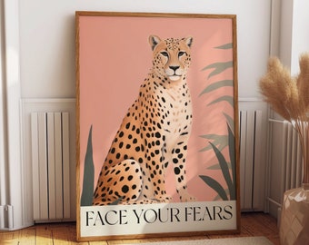 Cheetah Wall Art Poster - Positive Affirmation Quote Face your Fear Wall Decor - Peach Animal Print Room Decor for Her