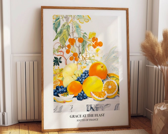 Citrus and Grapes Still Life Wall Art - Grace at The Feast Art Poster - Vibrant South of France Inspired Kitchen Decor