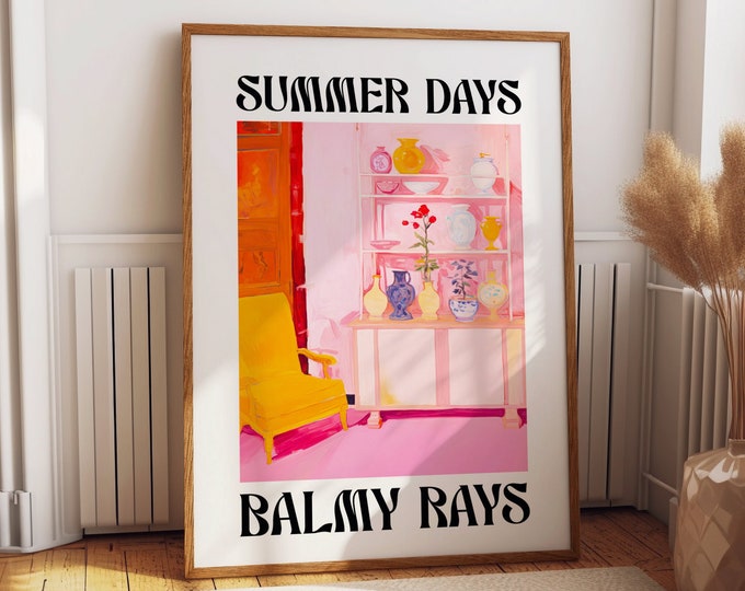 Sunlit Chair & Shelf Home Poster - 'Summer Days, Balmy Rays' Warm Interior Art - Chic Shelf and Armchair Wall Decor