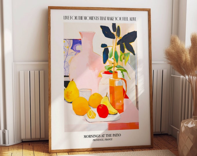 Lemon and Pear Breakfast Wall Art - Morning At The Patio Still Life France Artwork - 'Live for the Moments' Inspirational Kitchen Poster