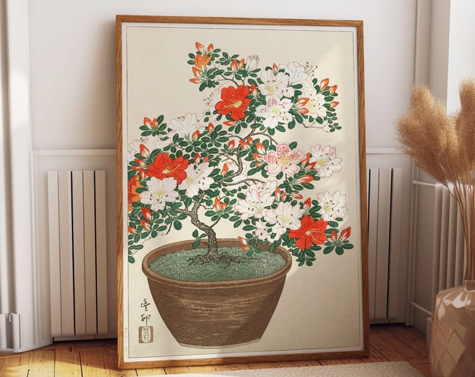 Flower Pot Print Woodblock Drawing Woodblock Print Woodblock Poster Blooming Azalea in Brown Pot by Koson Ohara Japanese Decor Japanese Art