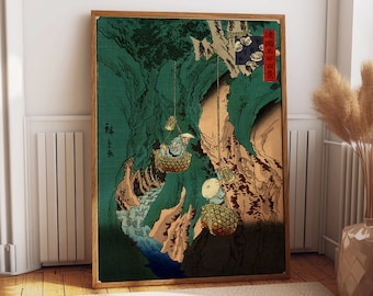 Japanese Art Hiroshige Gathering Mushrooms Woodblock Poster Green Decor