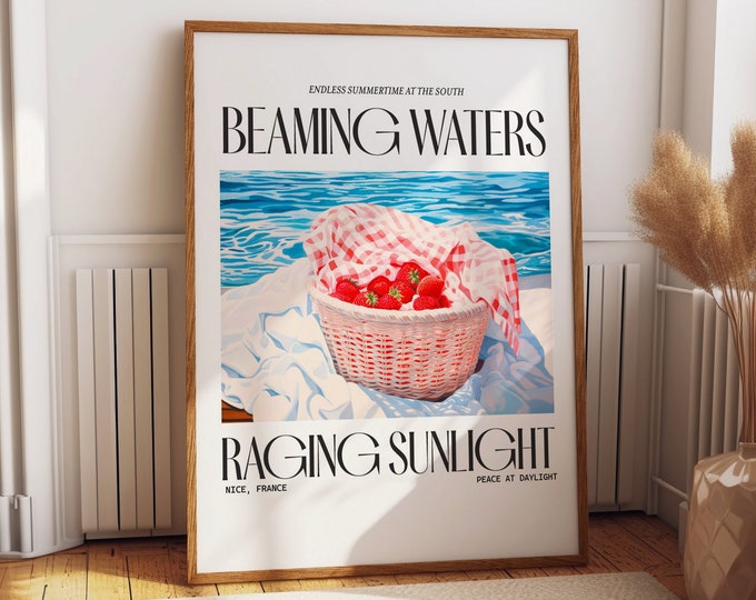 Beaming Waters & Raging Sunlight Poster - Summertime Serenity Art Print - Vibrant Strawberry Picnic Scene, Perfect for Coastal Home Decor