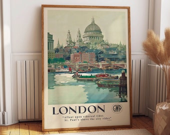 London Retro Travel Poster of St Pauls Cathedral and the River Thames London Tranquil Wall Art Timeless Elegance London Retro Painting Print