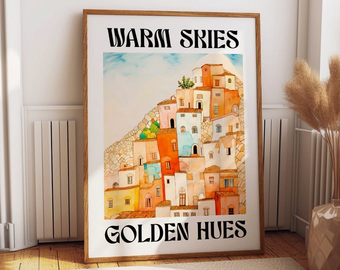 Golden Hues Village Art Poster - 'Warm Skies' Mediterranean Townscape - Colorful Hillside Homes Wall Art
