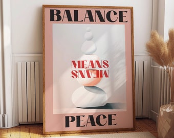 Balance Means Peace Quote Poster - Positive Self-Care Wall Art for Serene Spaces - Pink Preppy Room Decor