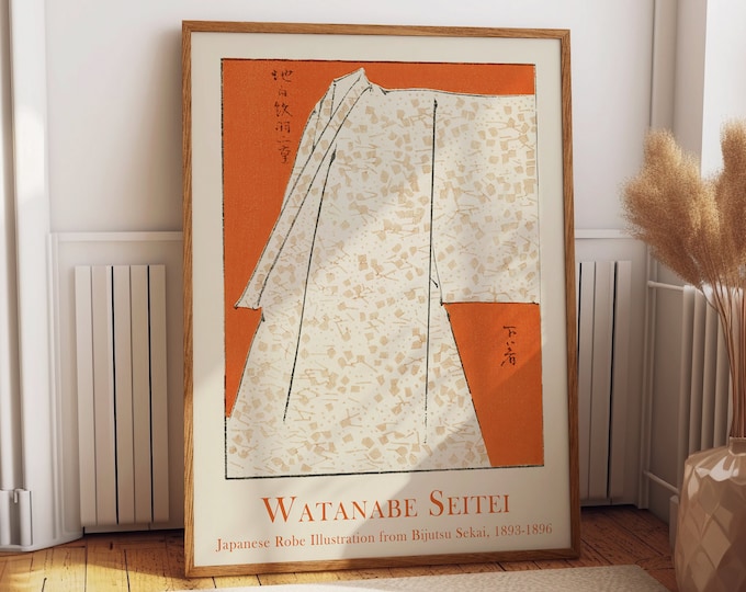 Harmony in Orange: Japanese Woodblock Art Poster Traditional Robe Illustration by Watanabe Seitei Timeless Elegance for Art Enthusiasts