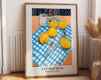 Lemon Wall Art Poster - A Citrus Meal, Barcelona Spain Artwork - Refreshing Home Aesthetic Kitchen Wall Art Room Decor