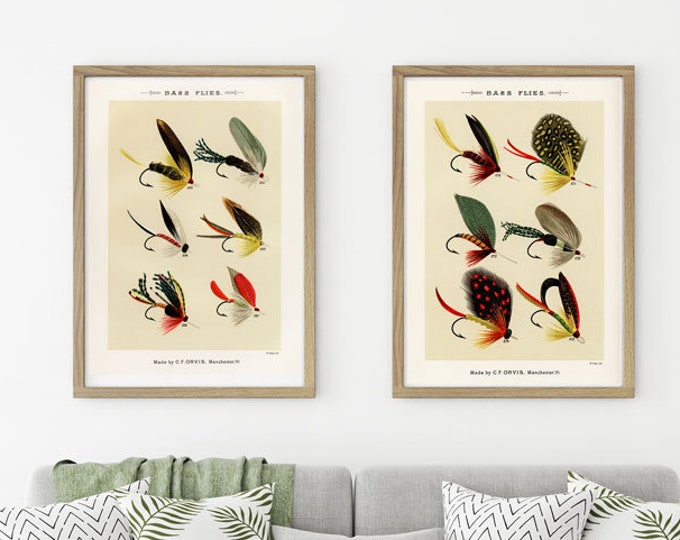 Fishing Flies Set of 2 Vintage Fishing Prints Salmon Wall Art Fishing Wall Art Fishing Gifts Fisherman Fisherman Print Marine Prints