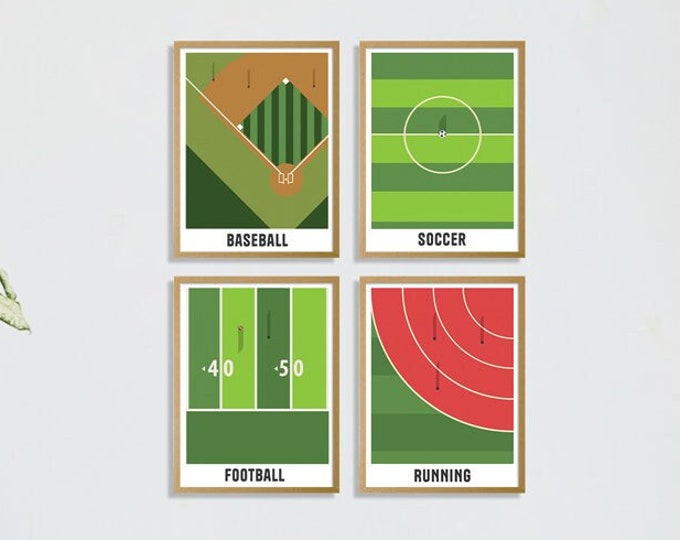 Set of 4 Vibrant Sports Fields Prints - Ideal Wall Decor for Clubhouses and Bedrooms, Dynamic Layouts and Markings - Colorful Prints