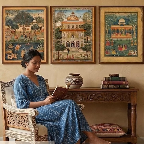 Set di stampe artistiche indiane Pichwai / Decorazione murale con poster etnici ispirati al patrimonio culturale dei templi indù