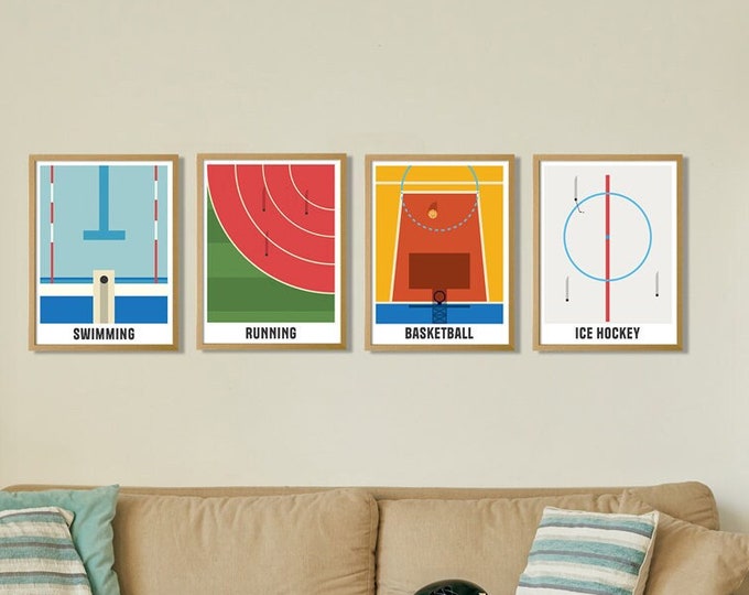 Ideal Wall Decor for Clubhouses and Bedrooms, Dynamic Sports Field Layouts - Colorful Prints - Set of 4 Vibrant Sports Fields Prints