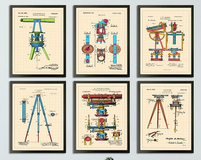 Contemporary Surveyor Patent Prints - Set of 6 Colorful Modern Wall Art for Design Enthusiasts Modern Style Patent Wall Art