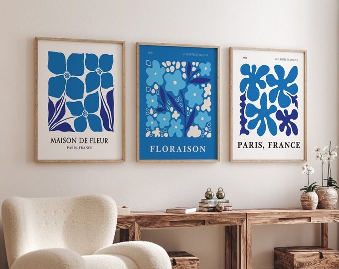 Blossoming Elegance: Set of 3 Blue Floral Bloom Exhibition Posters - Flower Abstract Wall Art for Living, Dining, Kitchen, & Bedroom Spaces