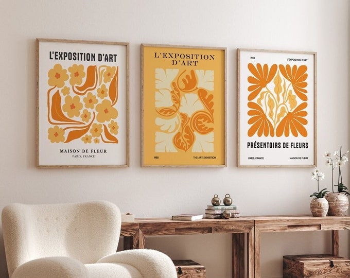 Maison De Fleur: Set of 3 Vibrant Orange Floral Art Exhibition Posters - Abstract Botanical Elegance for Home and Office Wall Decor