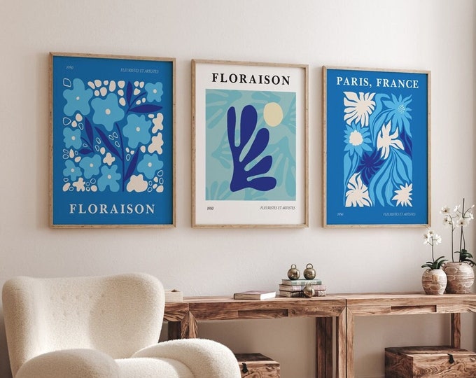 Parisian Elegance: Set of 3 Blue Floral Bloom Exhibition Posters - Flower Abstract Wall Art for Living, Dining, Kitchen, and Bedroom Spaces