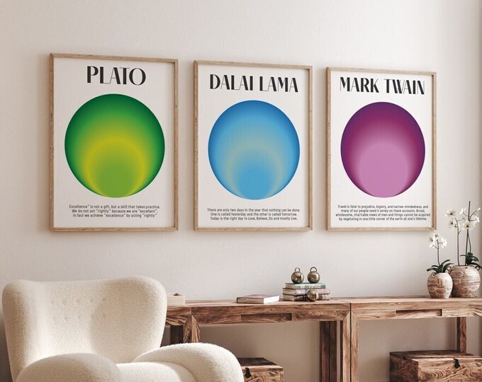 Motivational Wisdom Wall Art Set of 3 Posters: Plato, Dalai Lama, Mark Twain Inspirational Home Decor, Unique Gift for Friends and Family