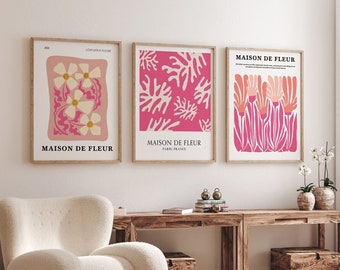 Set of 3 Maison De Fleur Pink Abstract Exhibition Wall Poster - Stylish Bauhaus Floral Chic Room Decor for Home, Shop and Office Spaces