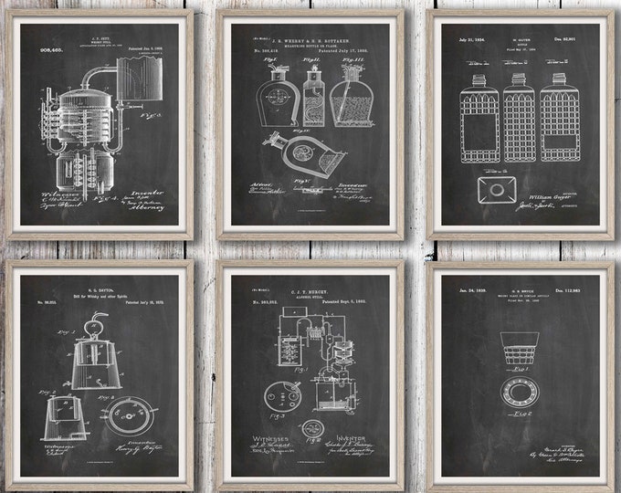 Whiskey Print Set of 6 Whiskey Posters Whiskey Wall Art Whiskey Theme Whiskey Patent Prints Whiskey Blueprints Bar Decor WB254-WB259