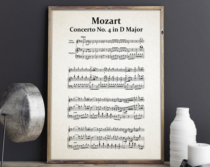 Mozart Concerto Number 4 in D Major Mozart Sheet Music Mozart Music Mozart Decor Classical Music Print Classical Music Wall Art Concerto Art