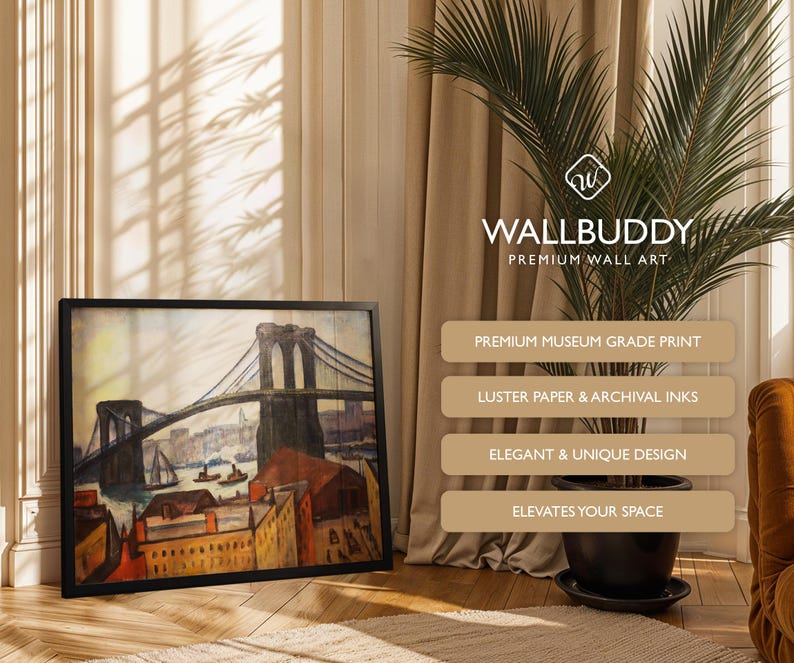 May include: A framed wall art print featuring a painting of the Brooklyn Bridge with city buildings and boats in a warm color palette. The text WALLBUDDY PREMIUM WALL ART is visible along with four rectangular labels listing product features.